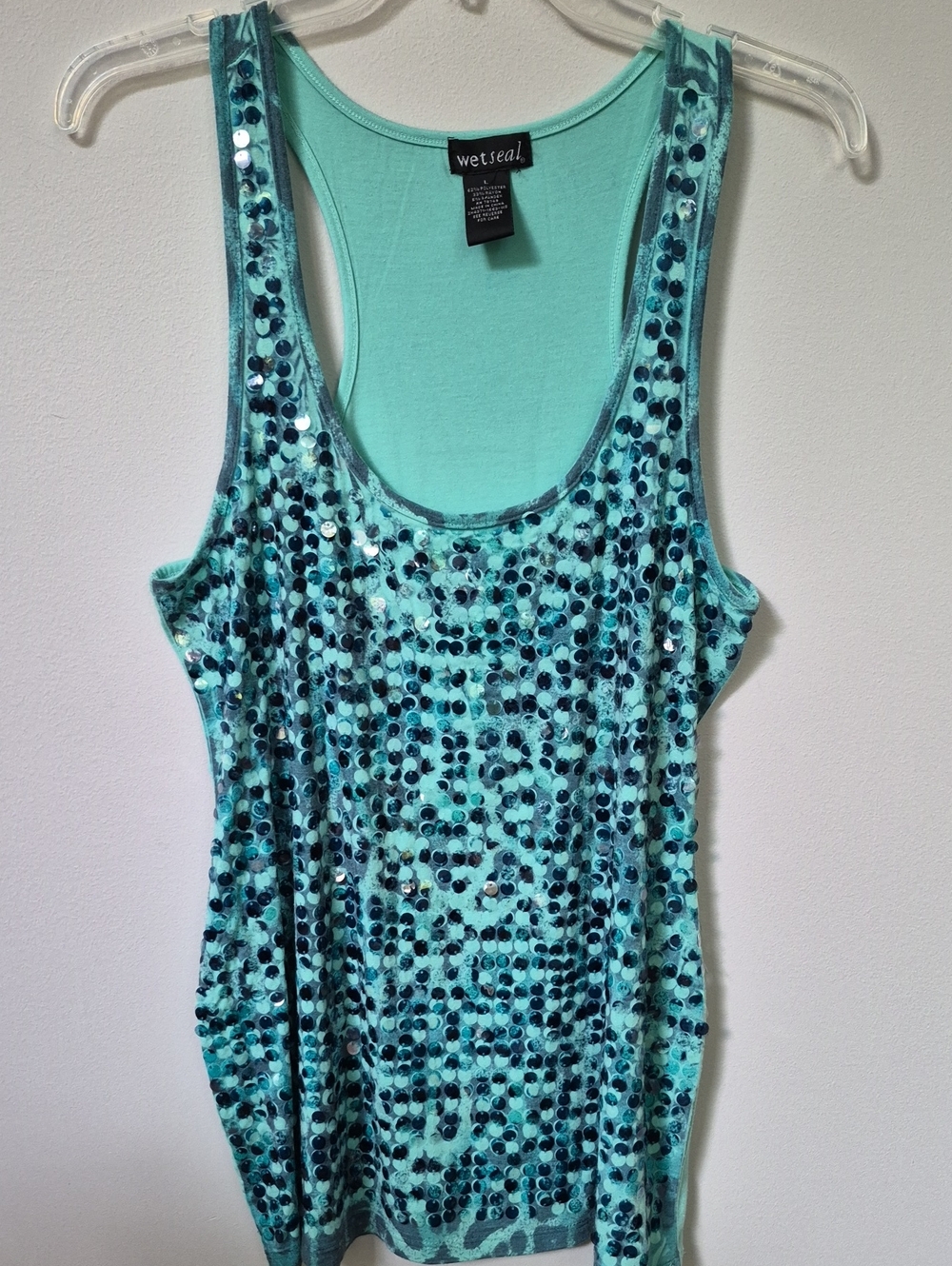 Y2K Wet Seal Aqua Sequin Racerback Tank Womens L Lightweight Sparkle Fesitval